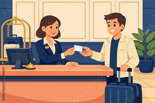 Hotel receptionist welcoming guest, giving room key card at front desk, check-in service