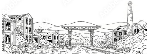 Dilapidated industrial landscape with skeletal structures and crumbling buildings