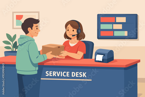 Customer picking up parcel from smiling service desk agent at a shipping center