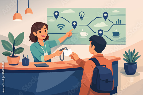 Receptionist assisting traveler with check-in and information at hotel desk