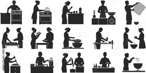 Diverse scenes of people engaged in various kitchen and food preparation activities isolated on white background, Vector, illustration