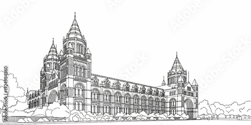 Detailed line drawing of a grand, symmetrical, historic building with multiple towers