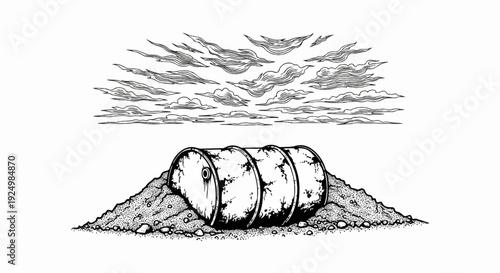 Old rusted barrel lies buried in sand under a stormy sky