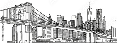 Iconic suspension bridge spans a dense cityscape with towering skyscrapers