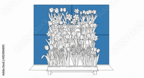 Line drawing of abundant spring flowers in a planter against a blue background