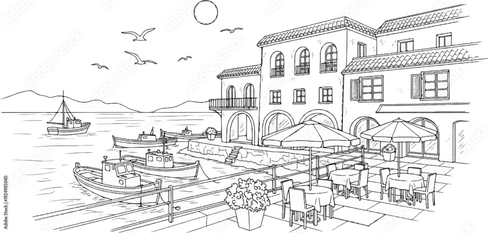 Obraz premium Line drawing of a Mediterranean harbor scene with boats, buildings, and outdoor seating
