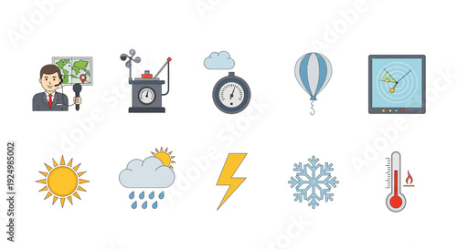Weatherrelated icons featuring a reporter instruments and meteorological symbols