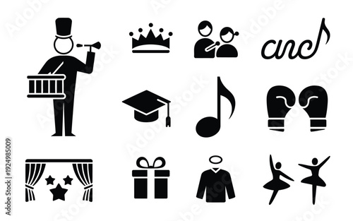 Iconic symbols representing various professions and life milestones in a playful manner. isolated on white background, Vector, illustration