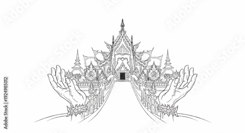Ornate temple entrance framed by open, supplicating hands in detailed sketch
