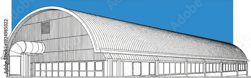 Line drawing of a long, arched industrial building with windows and ventilation