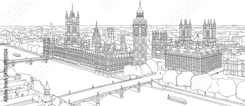 Line drawing of a grand gothic architecture complex beside a river
