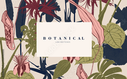 Tropical flowers in bloom. Engraved background. Wedding background card floral decorative border. Thank you, rsvp, invitation elegant card illustration graphic banner.