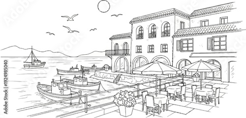 Line drawing of a Mediterranean harbor scene with boats, buildings, and outdoor seating