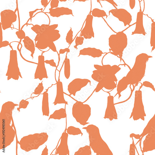 Line branches with flowers with birds on it. Blooming branch of tropical flowers seamless pattern. Beautiful orange silhouette.