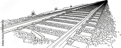 Perspective view of a railroad track with ballast and ties receding into distance