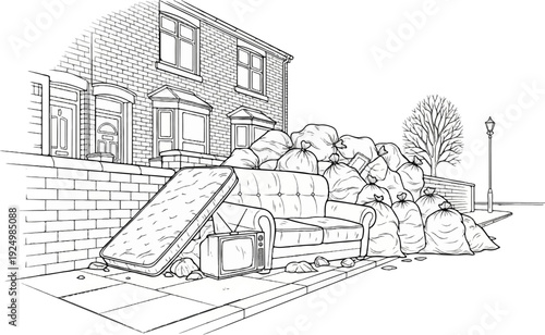 Piles of trash bags, a sofa, a mattress, and an old television on a sidewalk