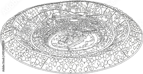 Circular settlement surrounded by concentric rings of trees and buildings