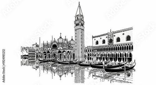 Ornate buildings with domes, tower, and arched walkways line a canal with gondolas
