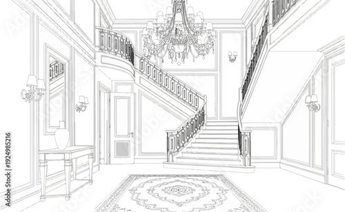 Ornate hall with grand staircase, chandelier, and patterned rug