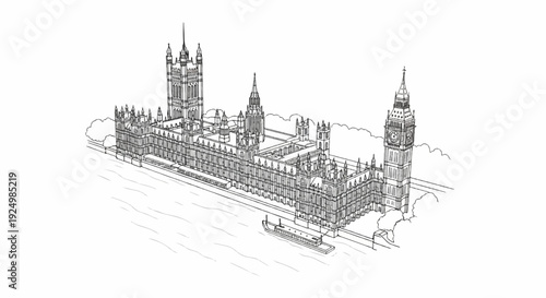 Ornate gothic building with clock tower sits beside a river with a barge