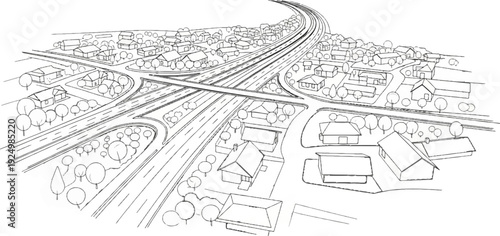 Overhead sketch of a suburban neighborhood intersected by a highway overpass