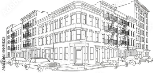 City street scene with vintage buildings and parked cars