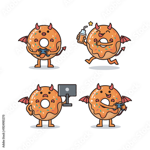 Donut characters with horns and wings in various playful actions with copy space