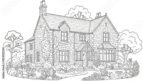 Charming stone cottage surrounded by lush gardens and mature trees