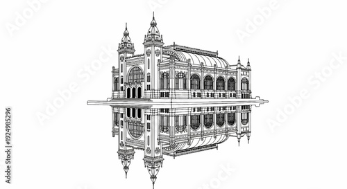 Ornate line art illustration of a grand building reflected in water
