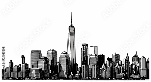 Stylized black and white sketch of a dense cityscape with a prominent central tower