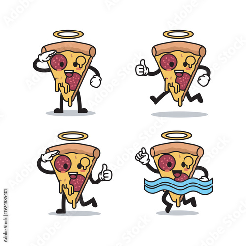 Cartoon pizza slice characters with different emotions and actions on white background