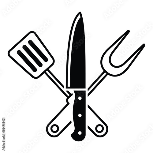 Black and white illustration of kitchen utensils crossed together icon