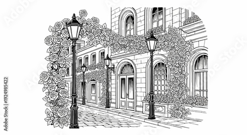 Romantic street scene with lampposts and climbing roses on old buildings