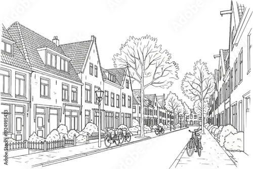 Black and white sketch of a narrow street lined with historic European-style houses and trees