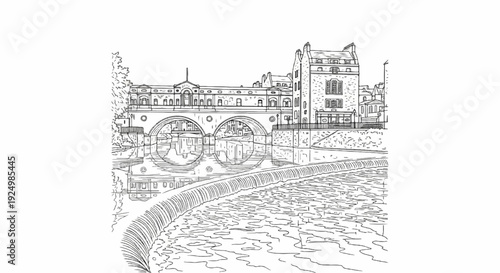 Sketch of an old stone bridge with shops and a waterfall on a river