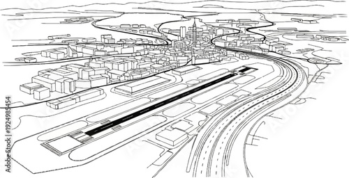 Bird's eye view sketch of an airport runway, highway, and cityscape