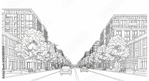 Sketch of a symmetrical urban street lined with modern buildings and trees
