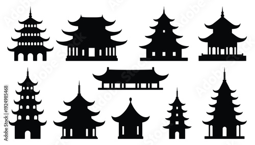Diverse architectural styles of traditional asian pagodas and temples in silhouette form isolated on white background, Vector, illustration