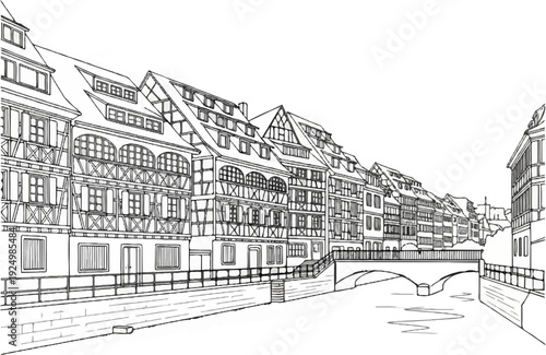 Sketch of historic half-timbered buildings lining a canal with a bridge