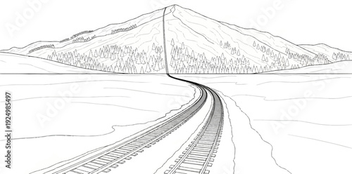 Train tracks curve towards a majestic mountain topped with trees