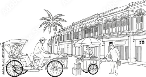 Street scene with rickshaw, food cart, and traditional buildings