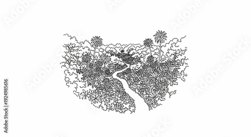 Winding jungle path through lush vegetation and palm trees