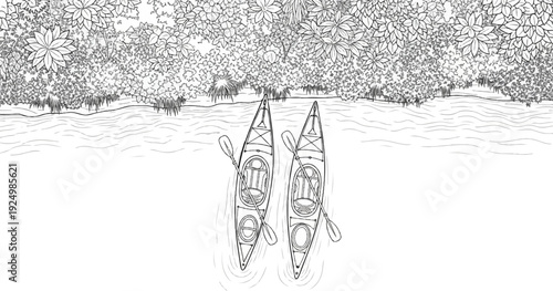 Two kayaks glide on water near a dense, leafy shoreline
