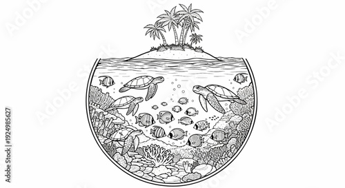 Underwater scene with turtles, fish, coral reef, and an island with palm trees