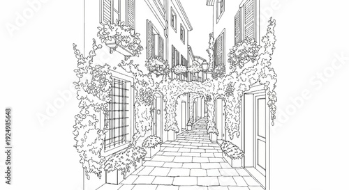 Archway of flowering vines over a cobblestone path between old buildings