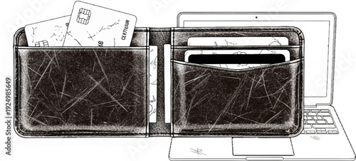 Textured wallet with cards and laptop outline in background