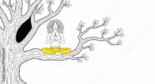 Woman in lotus position meditating on a tree branch with flowing hair
