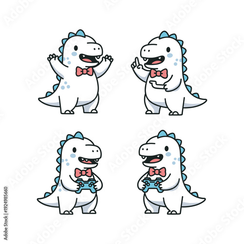 Cute cartoon dinosaurs with bow ties in various poses on white background
