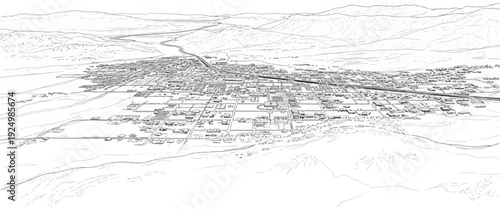 An aerial sketch of a sprawling town nestled within a valley, with distant mountains