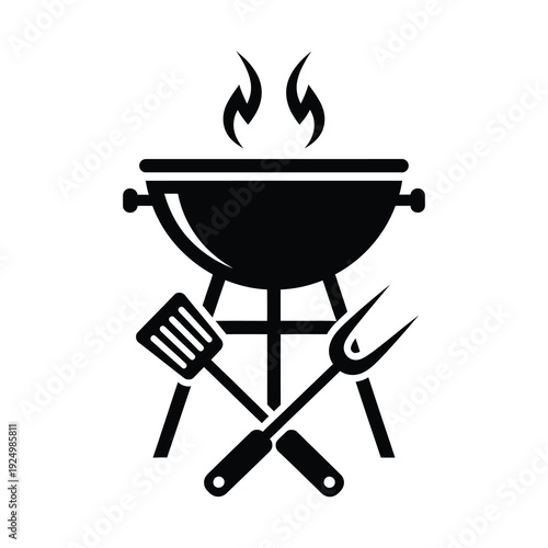 Black silhouette of barbecue grill with crossed spatula and fork on white background icon